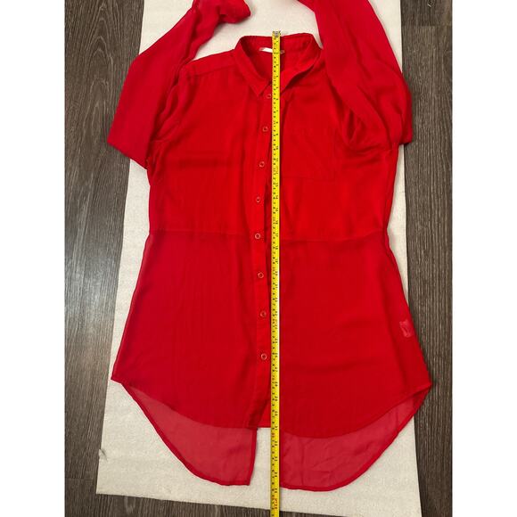 Free People Sheer Button Down Red Blouse M Cherry Girl Boho Coquette Twee - Picture 9 of 12